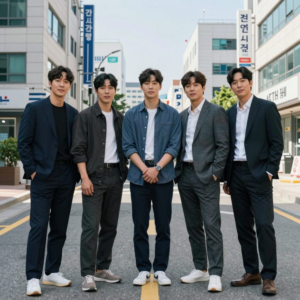MBN 전설의 사내 TOP7 성리 하루 장한별 황윤성 정연호 이창민 이루네가 함께 포즈를 취한 단체 사진