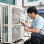 LG 에어컨 가스충전 비용 총정리 LG 에어컨 실외기에 게이지를 연결해 냉매 압력을 점검하는 모습