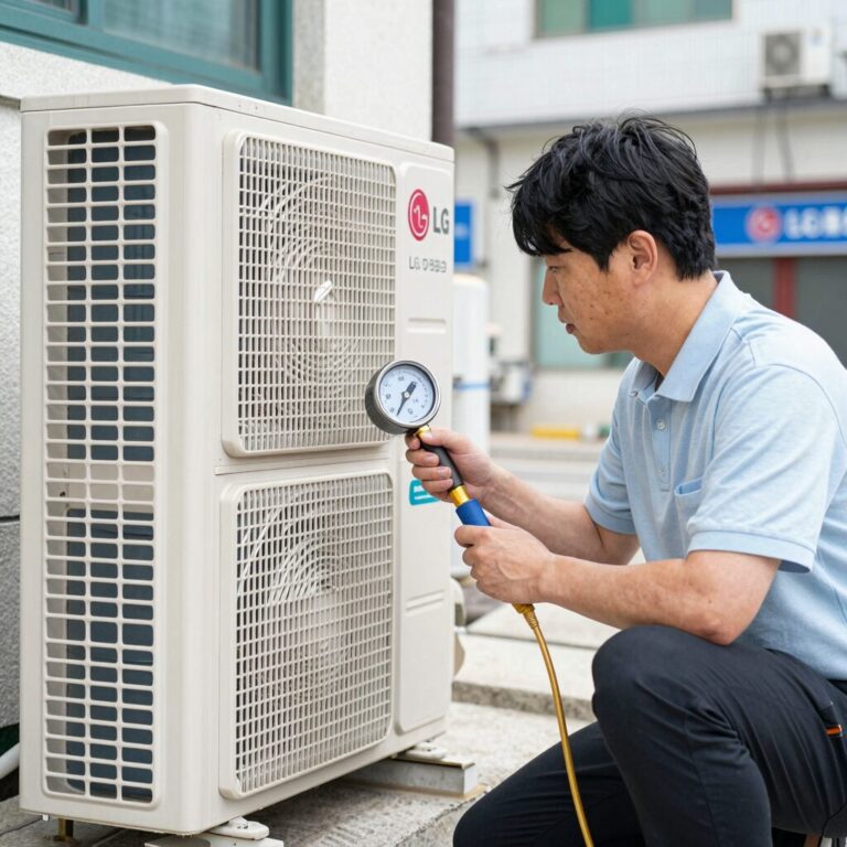 LG 에어컨 실외기에 게이지를 연결해 냉매 압력을 점검하는 모습