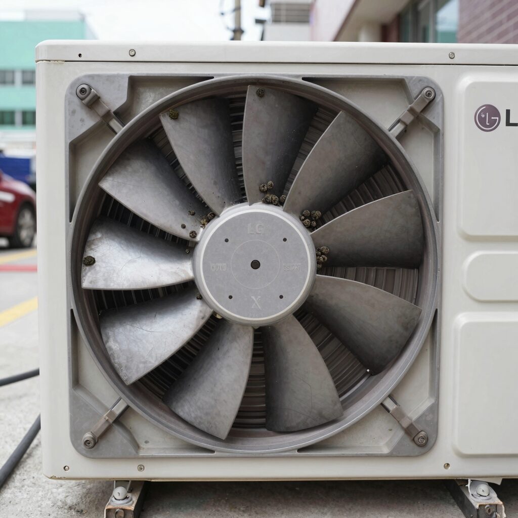 LG 손연재 스탠드 에어컨 내부 송풍팬과 드레인 커버에 검은 곰팡이가 심하게 번식한 모습