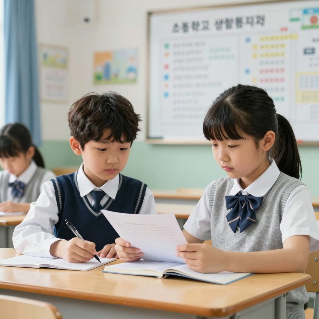 초등학교 생활통지표 이미지, 행동특성 및 종합의견을 읽고 있는 부모의 모습