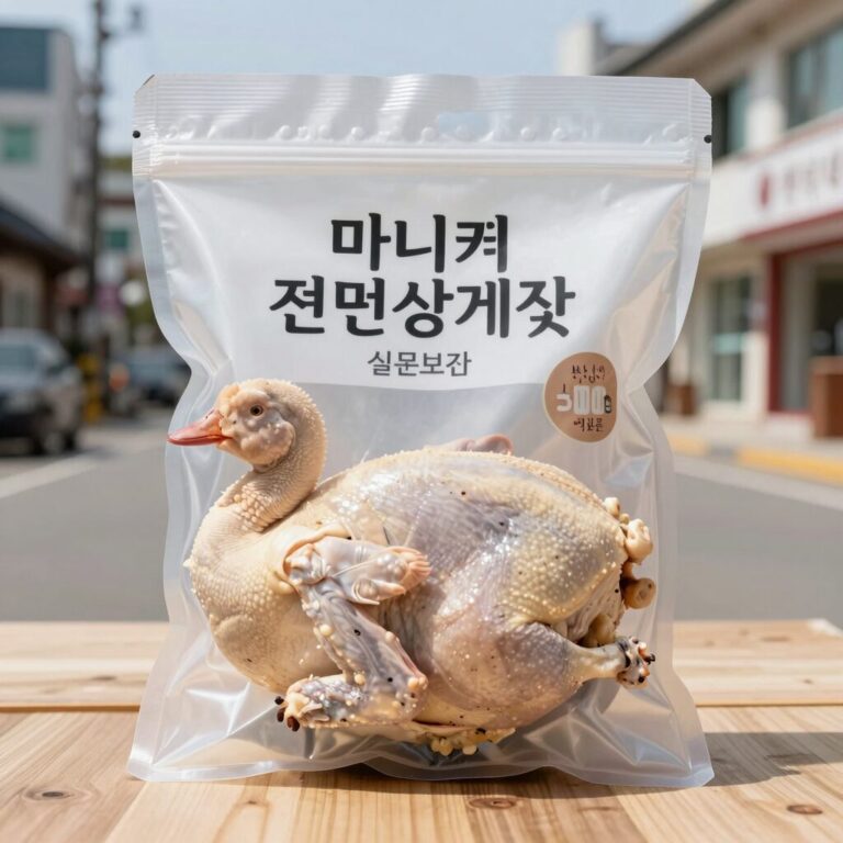 마니커 전통삼계탕 실온보관 제품 포장과 닭 한마리 내용물