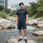 남성 레쉬가드 브랜드 루즈핏 세트 추천 남성 래쉬가드 브랜드 레이지비 루즈핏 세트를 착용하고 계곡에서 포즈를 취한 모습. 오버핏 상의와 스트레치 쇼츠가 자연스럽게 어우러진다.