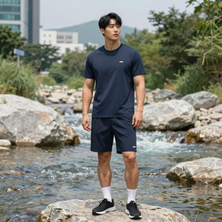 남성 래쉬가드 브랜드 레이지비 루즈핏 세트를 착용하고 계곡에서 포즈를 취한 모습. 오버핏 상의와 스트레치 쇼츠가 자연스럽게 어우러진다.