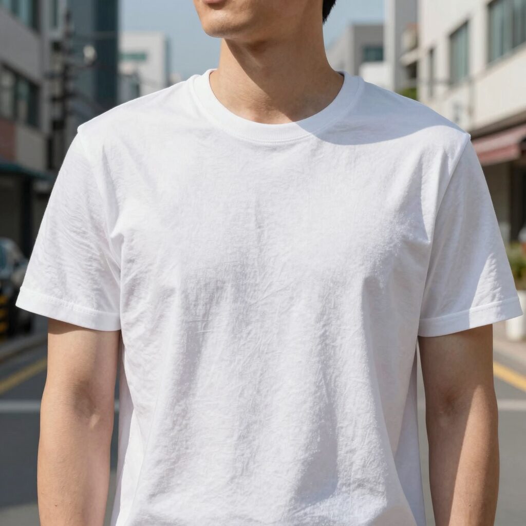 남성 쿨 티셔츠 소재를 확대한 사진으로 메시 구조가 보임