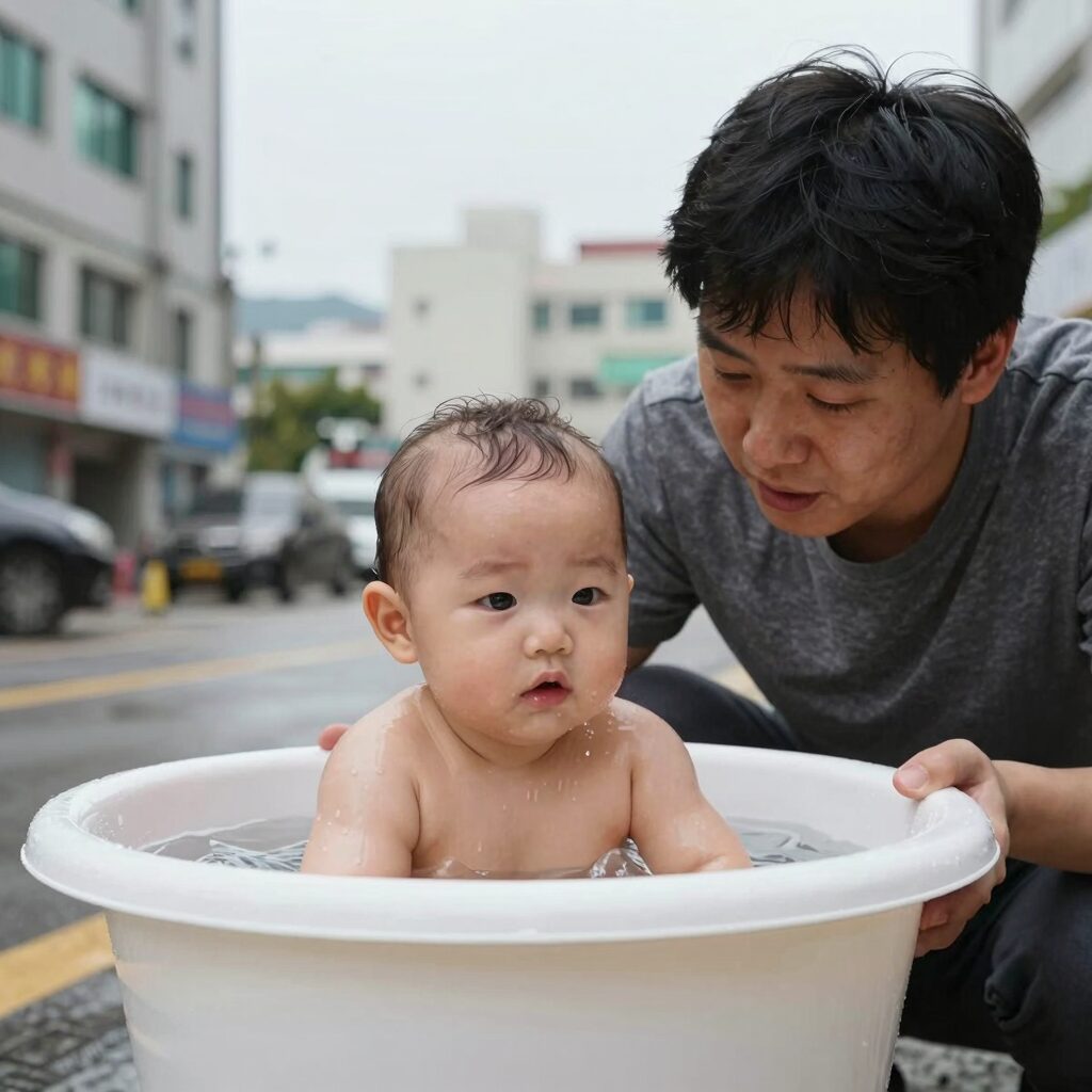 2007년 메시가 아기 야말을 목욕시키는 사진