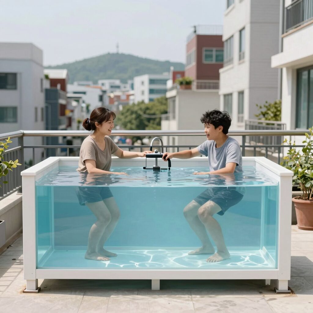 여름철 베란다에 설치한 프레임 미니 풀장 모습