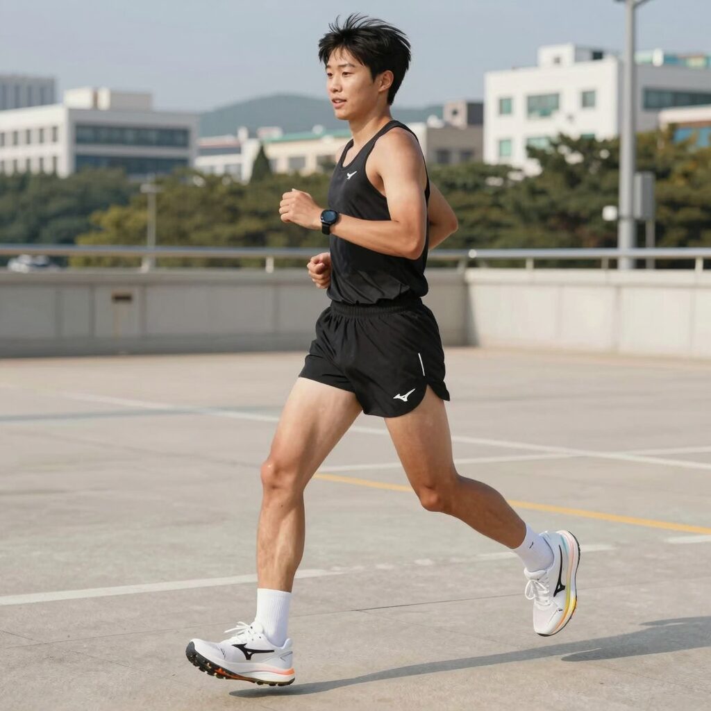 여름 러닝 중인 사람이 미즈노 반바지를 입고 있는 모습
