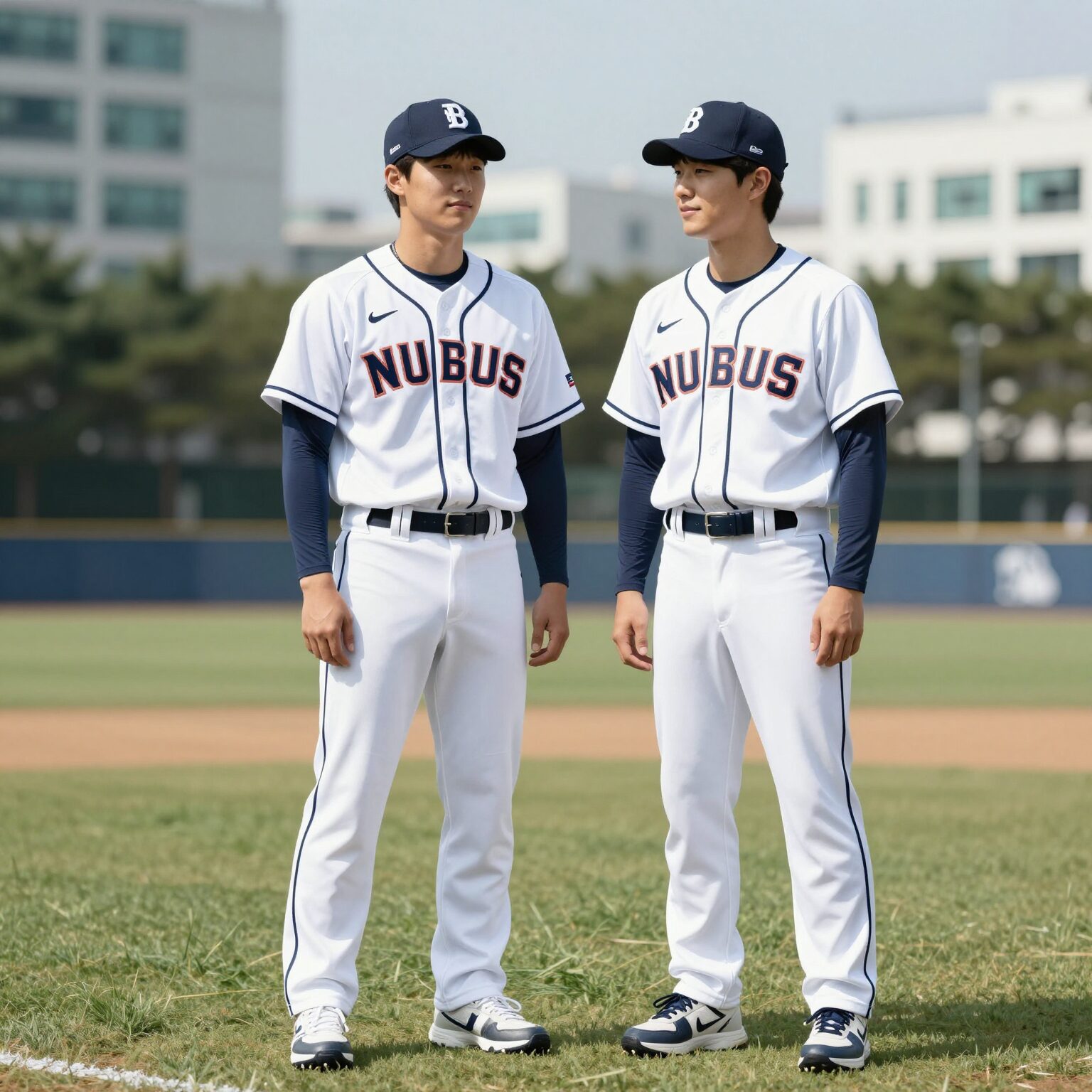 MLB 링거 나시 원피스를 입고 찍은 실착 사진. 네이비와 화이트 배색이 돋보이며 바디라인이 깔끔하게 잡힌 모습.