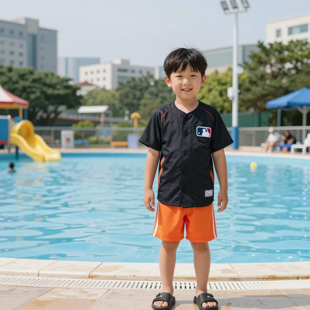 MLB 키즈 래쉬가드 세트를 입고 워터파크에서 즐거워하는 남아의 모습. 블랙 상의와 오렌지 보드쇼츠가 잘 어울린다.
