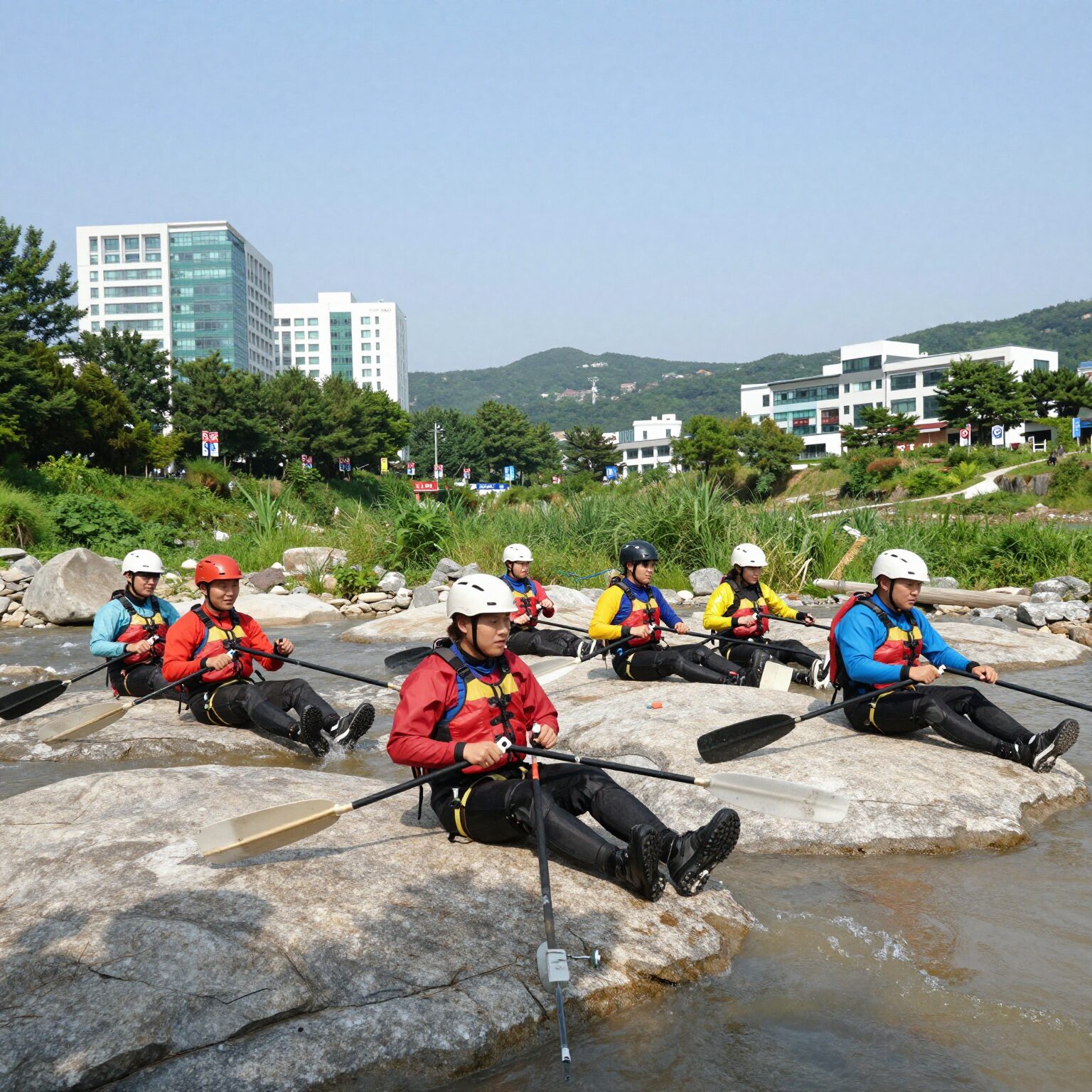 무주 금강레프팅을 즐기는 사람들