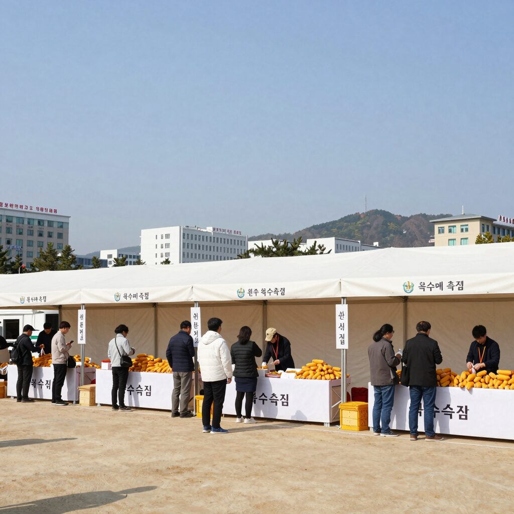 원주 문막 옥수수 축제 행사장 전경, 옥수수 판매 부스와 방문객들