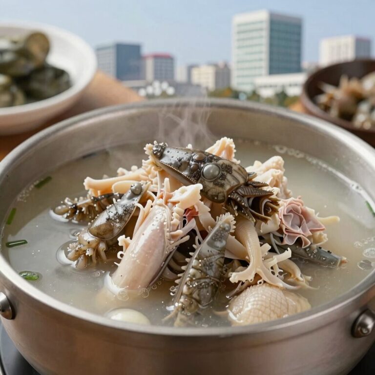 문어삼계탕 해신탕 완성 사진 닭과 문어 전복이 보이는 상차림