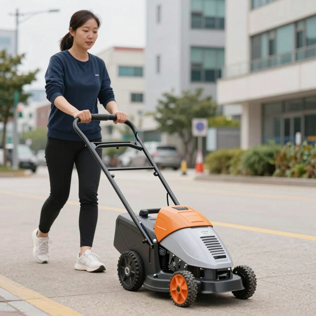 여성 사용자가 나리온 42V 소형 잔디깍기를 가볍게 밀고 있는 모습. 소형 잔디깍기 추천 제품의 경량성 강조.