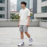 임신 중 NBA 농구화와 민소매 원피스를 매치한 스타일링 사진. 편안하면서도 스타일리시한 룩을 보여준다.