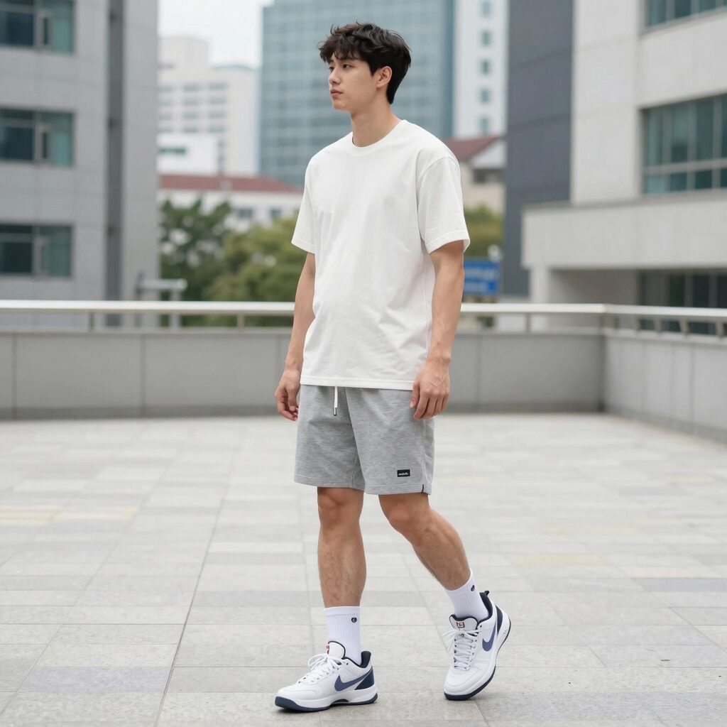 임신 중 NBA 농구화와 민소매 원피스를 매치한 스타일링 사진. 편안하면서도 스타일리시한 룩을 보여준다.