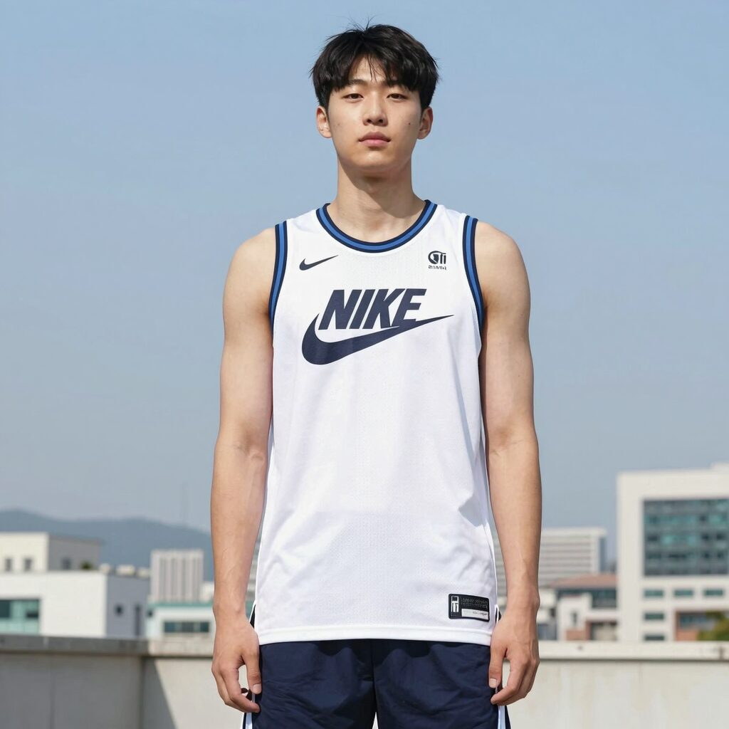 나이키 농구 저지를 반바지와 매치한 캐주얼 스트리트 룩, 여름철 스타일링 예시