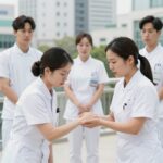 눈물 흘리는 간호사에게 손을 내미는 물어보살 진행자들 캐릭터 일러스트