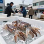 아이스박스에 얼음과 함께 보관된 신선한 생문어 사진, 선상에서 문어 보관법 적용 모습