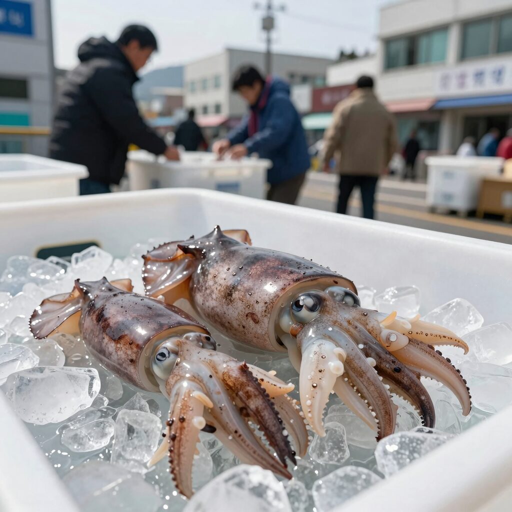 아이스박스에 얼음과 함께 보관된 신선한 생문어 사진, 선상에서 문어 보관법 적용 모습