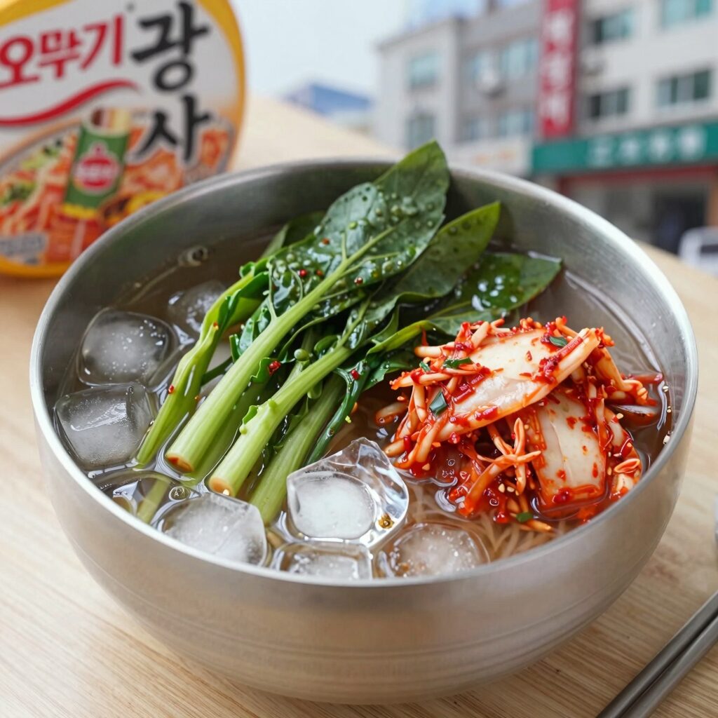 오뚜기 콩국수라면 완성 사진 - 오이와 얼음, 열무김치를 곁들인 그릇