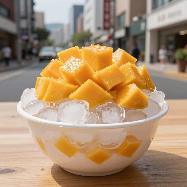 파리바게뜨 망고팥빙수가 테이블 위에 놓여 있고, 얼음 위에 망고와 팥이 올려져 있는 모습