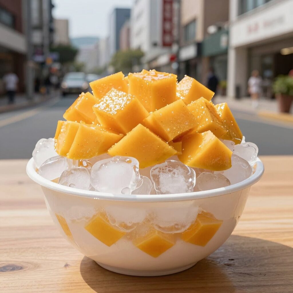 파리바게뜨 망고팥빙수가 테이블 위에 놓여 있고, 얼음 위에 망고와 팥이 올려져 있는 모습