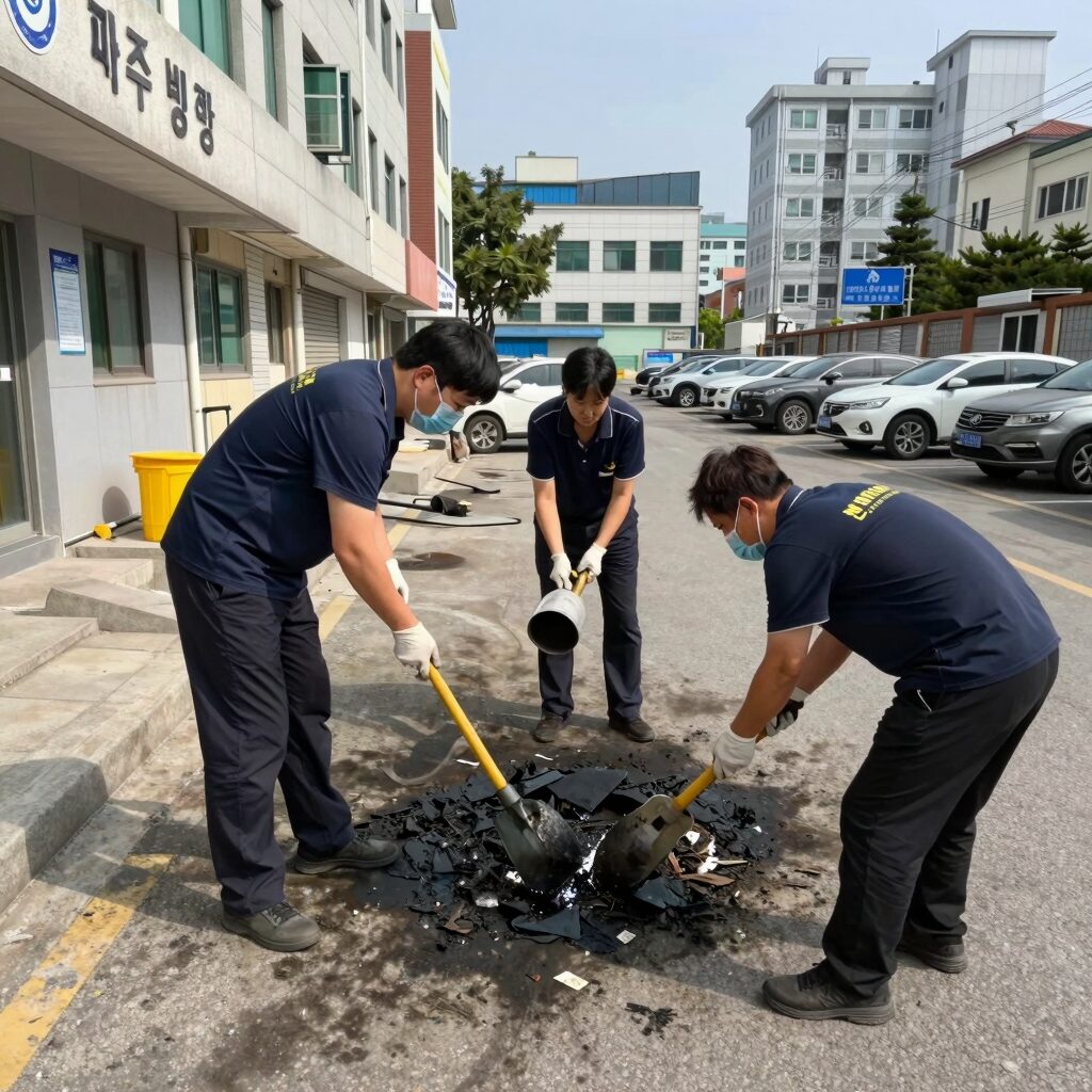 파주 병원 화재 복구 현장에서 전문 업체가 그을음 제거 작업을 하는 모습