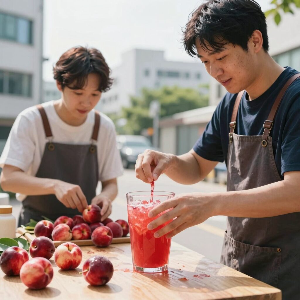 신선한 복숭아로 쥬스를 만드는 과정