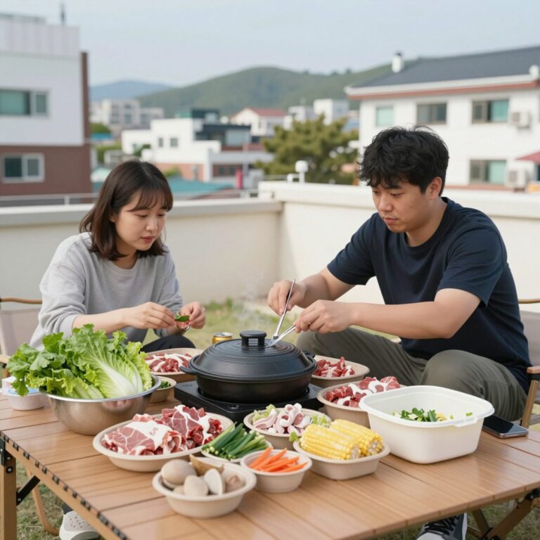 펜션 바베큐 파티 준비물 고기와 야채 일회용품