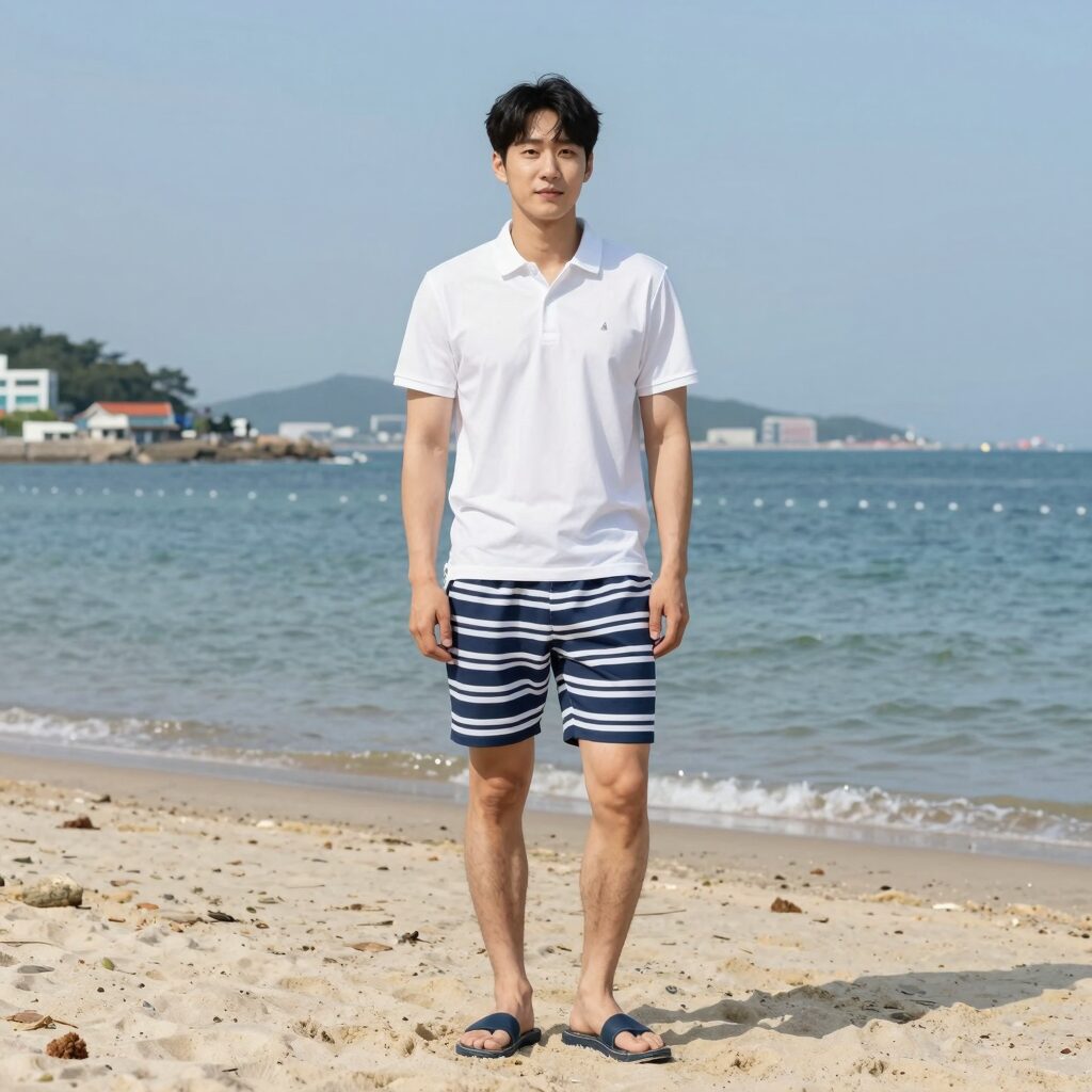 해변에서 착용한 폴로 스트라이프 스윔팬츠의 모습, 상의는 흰색 티셔츠, 발에는 쪼리