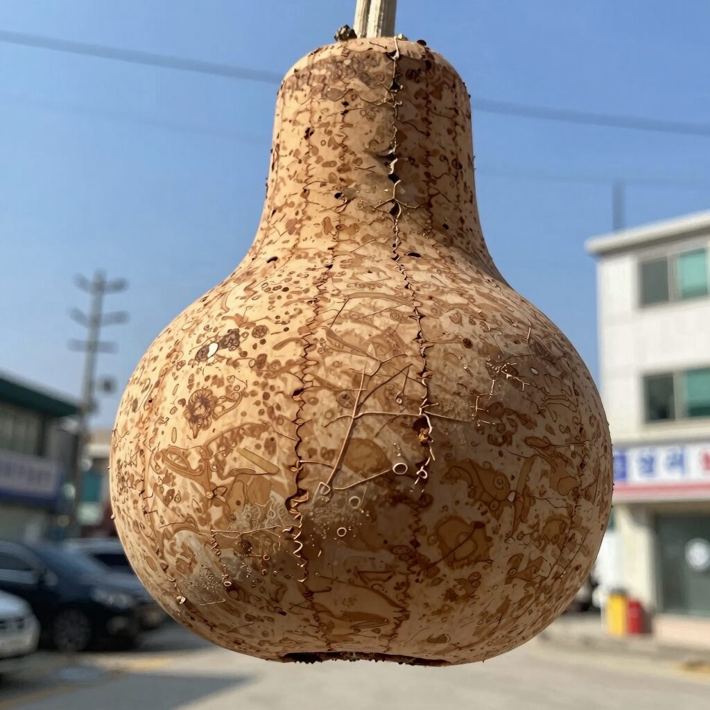 단호박 꼭지가 코르크화되어 갈색으로 변하고 세로 균열이 생긴 모습