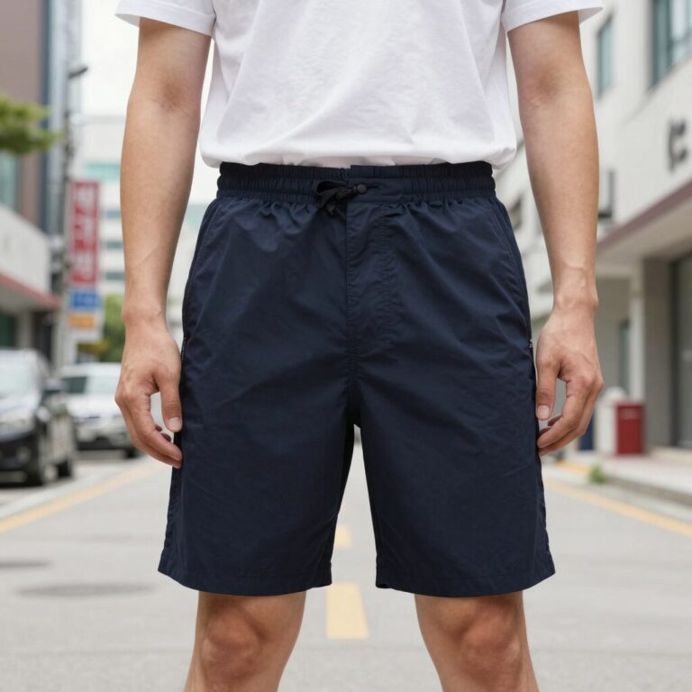 리복 클래식 반바지 남색 실루엣과 지퍼 주머니 디테일