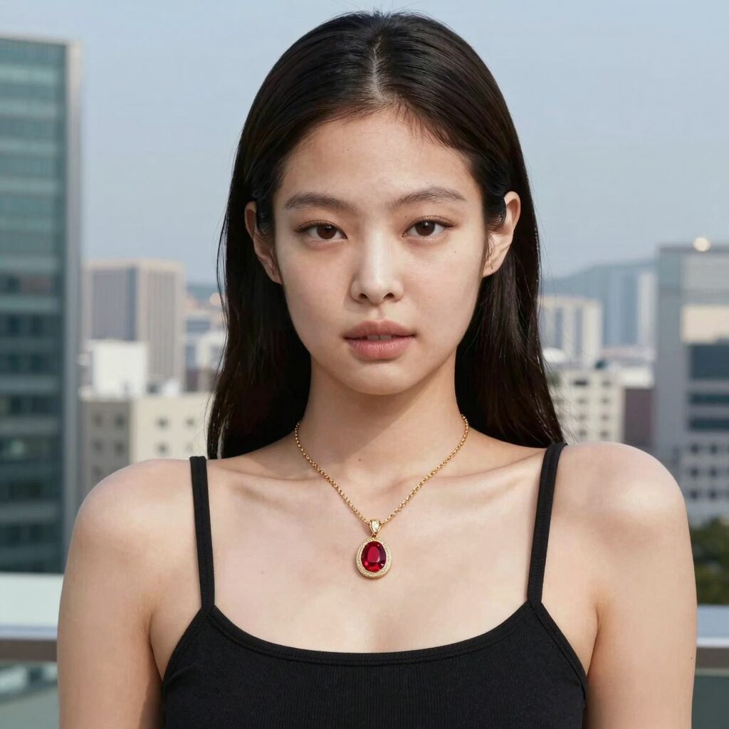 제니 스타일의 14K 루비 목걸이 착용 모습, 붉은 보석과 골드 체인이 조화를 이룸