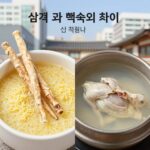 삼계탕과 백숙의 차이를 보여주는 비교 사진 왼쪽은 인삼과 찹쌀이 들어간 삼계탕 오른쪽은 맑은 국물의 닭백숙