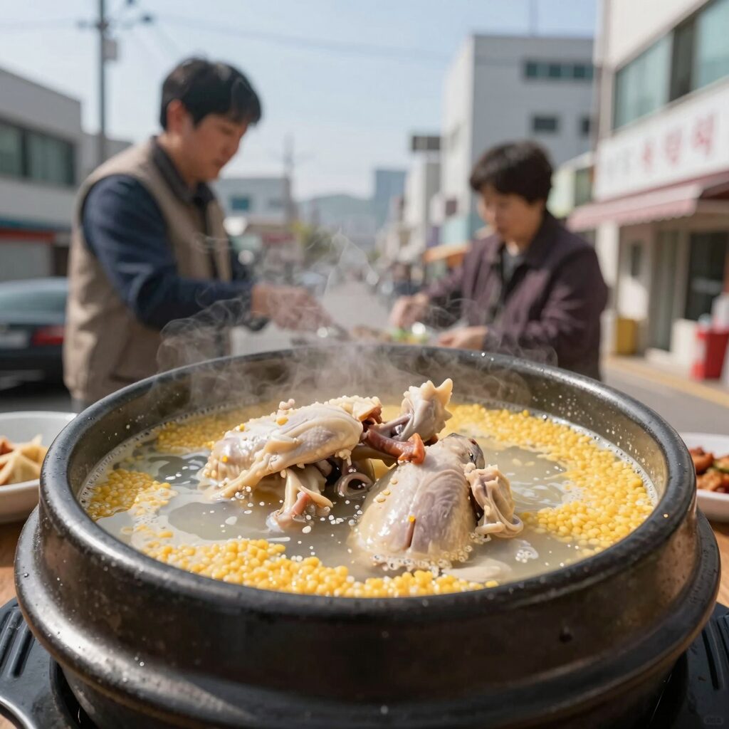 찹쌀 삼계탕 냄비에 닭과 찹쌀이 보글보글 끓는 모습