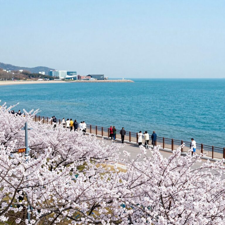 상주해수욕장 전망대에서 바라본 유채꽃밭과 에메랄드빛 바다