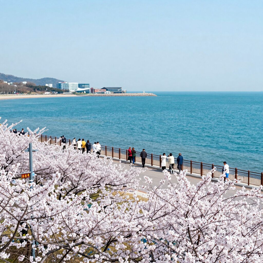 상주해수욕장 전망대에서 바라본 유채꽃밭과 에메랄드빛 바다