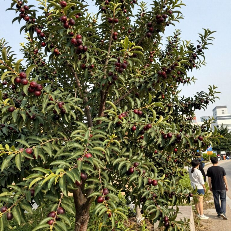 산타로사 자두 붉은 보라색 과실이 나무에 열린 모습