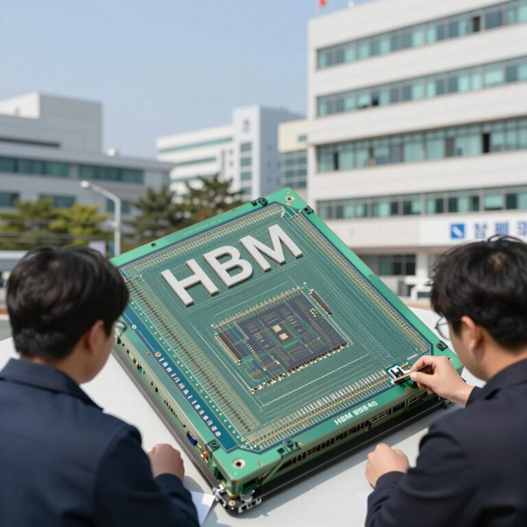 HBM 반도체 칩과 실적 그래프 이미지