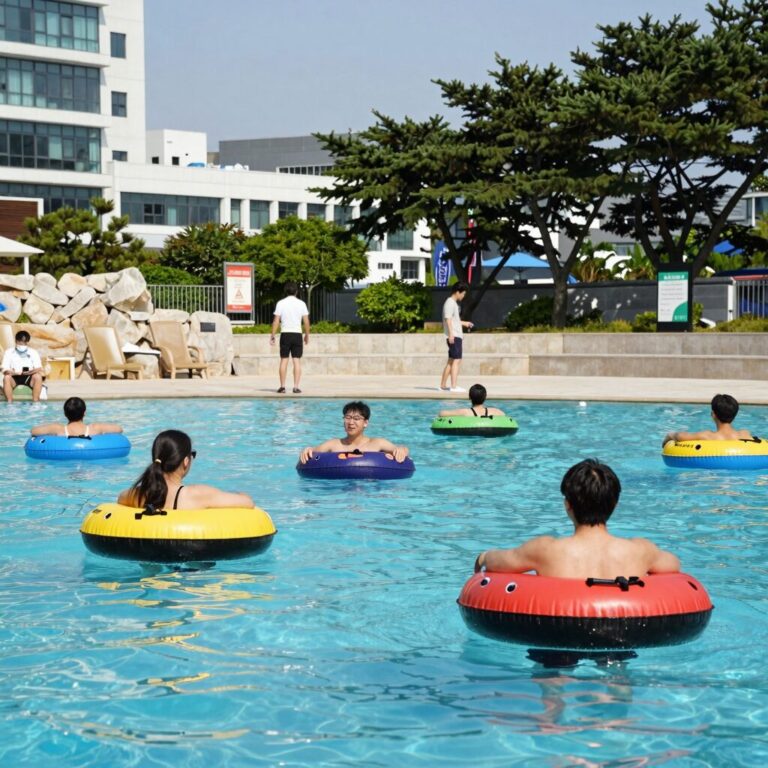 설악워터피아 야외 유수풀에서 튜브를 타고 둥둥 떠다니는 사람들의 모습