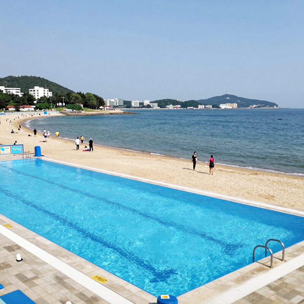 태안 샤론펜션 야외 수영장과 청포대해수욕장 전경