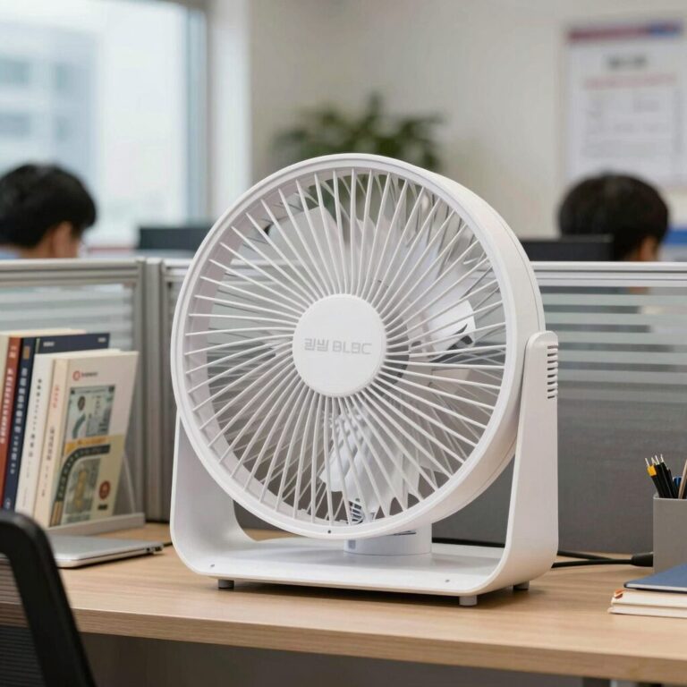 사무실 책상 위에 설치된 신일 BLDC 서큘레이터 선풍기 모습