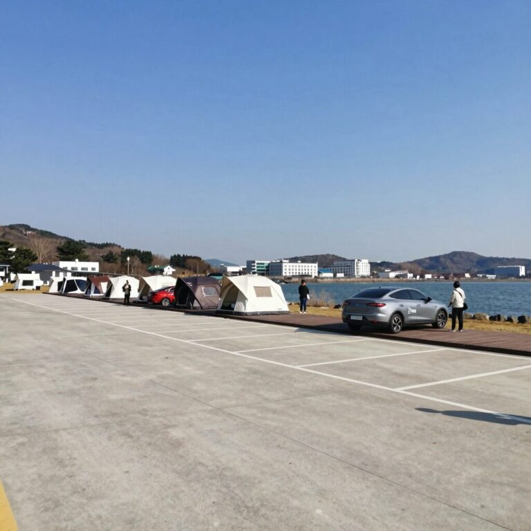 속초 국민여가 캠핑장 데크 사이트와 주차 공간