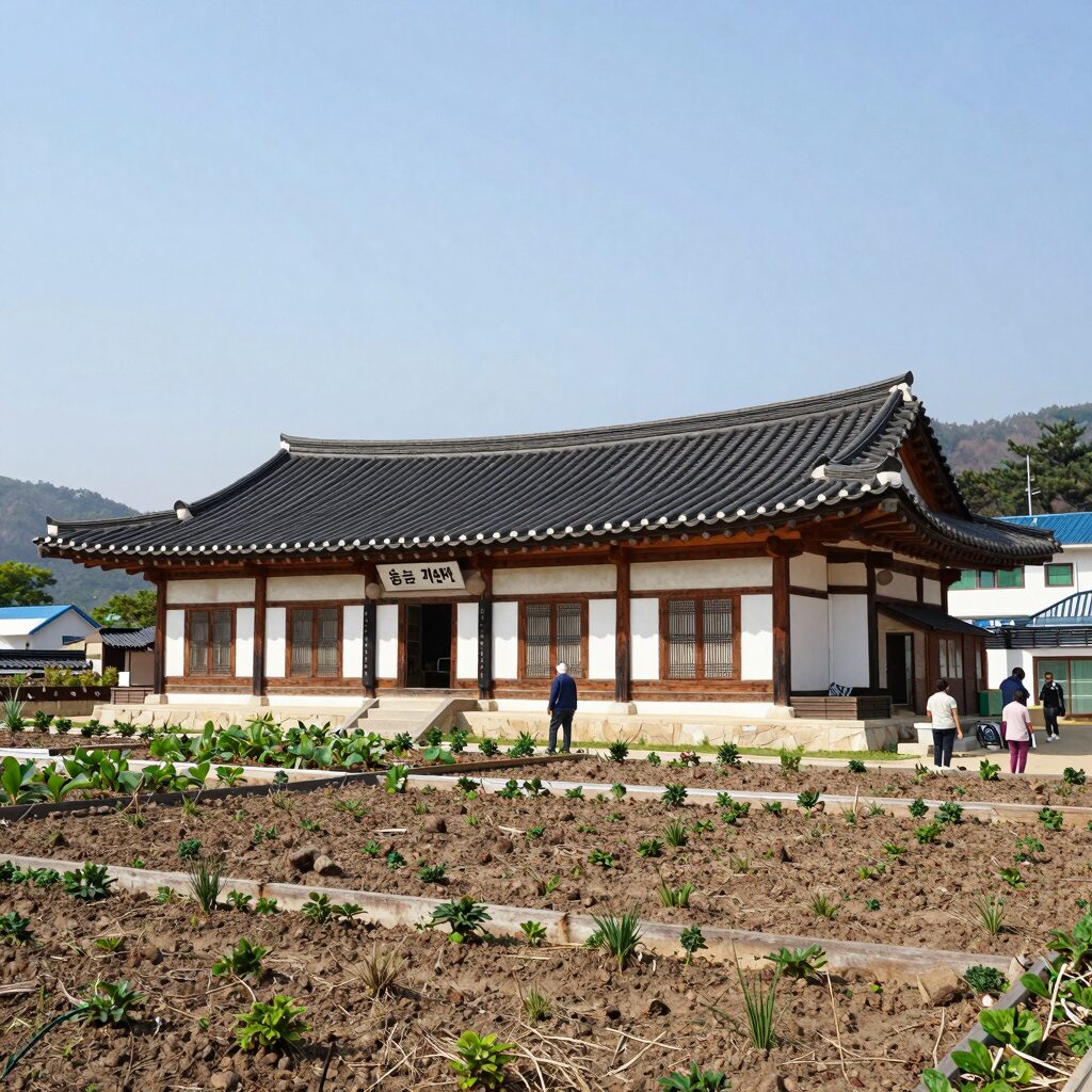 송계계곡 반가반가펜션 외관과 텃밭 전경