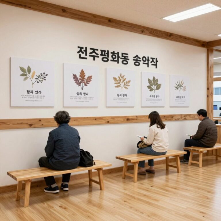 전주 평화동 송해정 내부 깔끔한 좌석과 산약초 설명 벽면