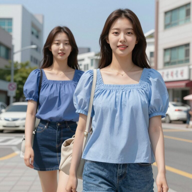 여름 스퀘어넥 블라우스 코디 예시