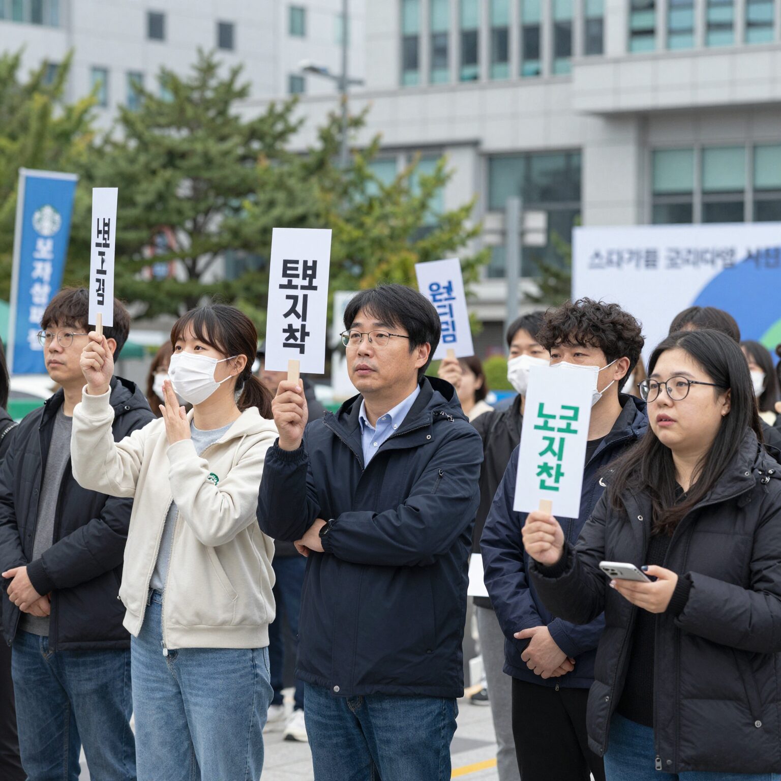 스타벅스코리아 노조 설립 기자회견 현장, 파트너들이 손팻말을 들고 있다