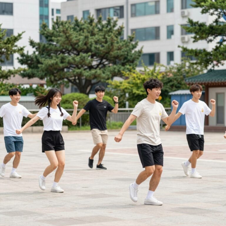 여름 캠프 쫑파티 현장에서 각국 친구들이 함께 춤추고 웃는 모습