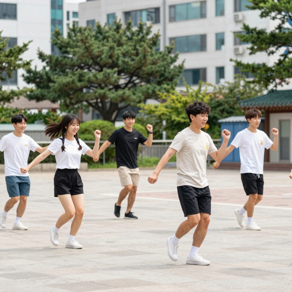 여름 캠프 쫑파티 현장에서 각국 친구들이 함께 춤추고 웃는 모습
